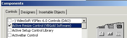 Active Resize Control, ActiveResize, Visual Basic, Visual Basic version 6, Visual Basic version 5, Control, VB runtime libraries, Applications, VB5 version, VB6 version, data grids, lists, DBGrid, DataGrid, MSFlexGrid, MSHFlexGrid, proportionally resize, cells, invisible controls, Tabbed Dialog Control, SSTab, VB project, Project, Menu, Components, Components dialog, VB IDE, Toolbox, form, code, detect, Load, Resize, Events, Resizes, Reposition, form controls, automatic resizing, process, AutoResizeOnLoad, AutoResizeControls, Properties, ResizeControls, Method, Form_Resize, event, Functionality, screen resolution, resizing, width, height, AllowFormMaximized, AllowFormMinimized, MaxFormHeight, MaxForm, width, MinFormHeight, MinFormWidth, Tag property, Picture, Clipped, ResizePictureBoxContents, Image, picture box, VB image control, Stretch property, Caption, Text, Font, VB controls, MS Sans Serif, True Type Font, Arial, Times New Roman, Tahoma, ResizeFonts property, run-time, Reset method, Refresh, Data, new controls, detect, save the current size / position of my form, application execution, SaveForm method, RestoreForm method, form state, SavePersistent, Argument, RestoreFromPersistent, screen resolution, information about the screen resolution, design-time, run-time, Resolution, ScreenHeight, ScreenHeightDT, ScreenWidth, ScreenWidthDT, BeforeResize event, Cancel argument, AutoResizeControls property, ResizeComplete event, VB IDE properties window, resize ratio, ScaleMode property, TwipsToolBar buttonsMS ToolBar Control, Buttons, Images, image graphics, Free, Register, setup package, setup utility, Windows, Regsvr32 utility, Windows Start menu, Platforms, 32-bit, run-times, developer license, libraries, MSVBVM50.DLL, MSVBVM60.DLL